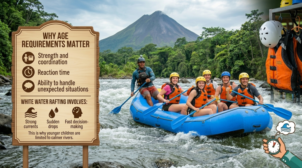 Group navigating Class III rapids during an Arenal rafting tour surrounded by rainforest