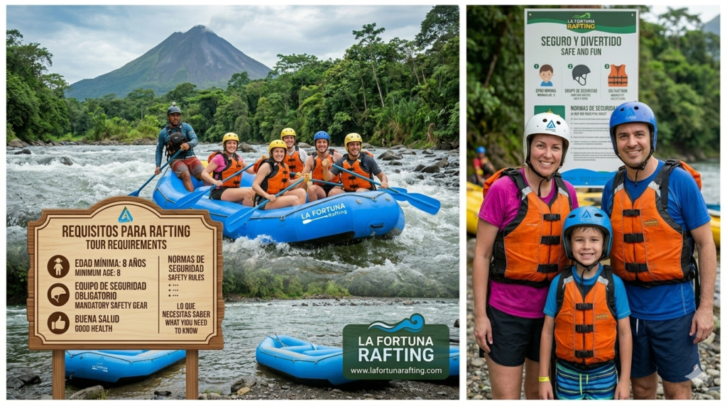 Family enjoying a white water rafting tour in La Fortuna Costa Rica on a calm river